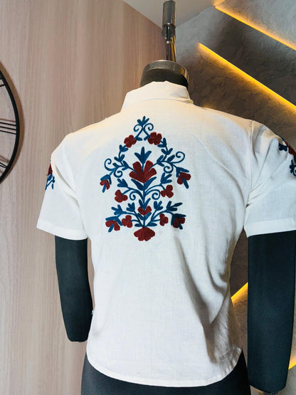 0214-S-HOB- Elegant Hand-Embroidered Indian Cotton Crop Shirt – White- Made in india (
