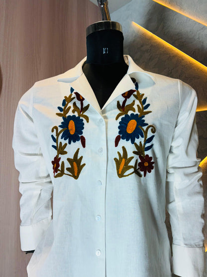 0215-S-HOB-Handcrafted White cotton  Shirt with Floral Embroidery – Unisex Boho Style - Made in india (