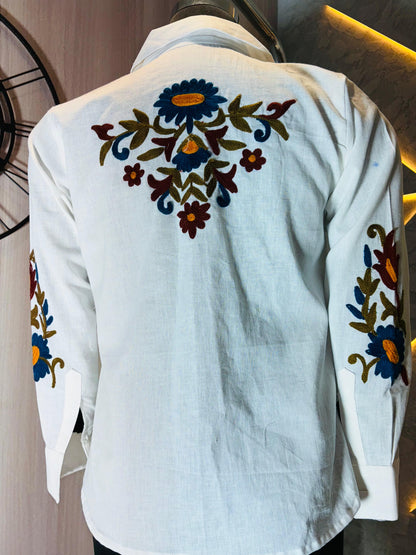 0215-S-HOB-Handcrafted White cotton  Shirt with Floral Embroidery – Unisex Boho Style - Made in india (