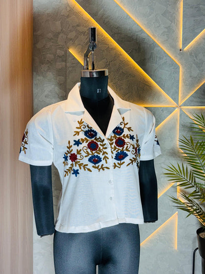0216-S-HOB- Handcrafted Floral Embroidered Cotton Short Sleeve Blouse- Made in india