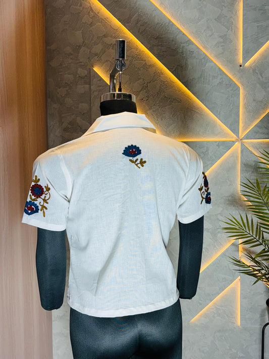 0216-S-HOB- Handcrafted Floral Embroidered Cotton Short Sleeve Blouse- Made in india